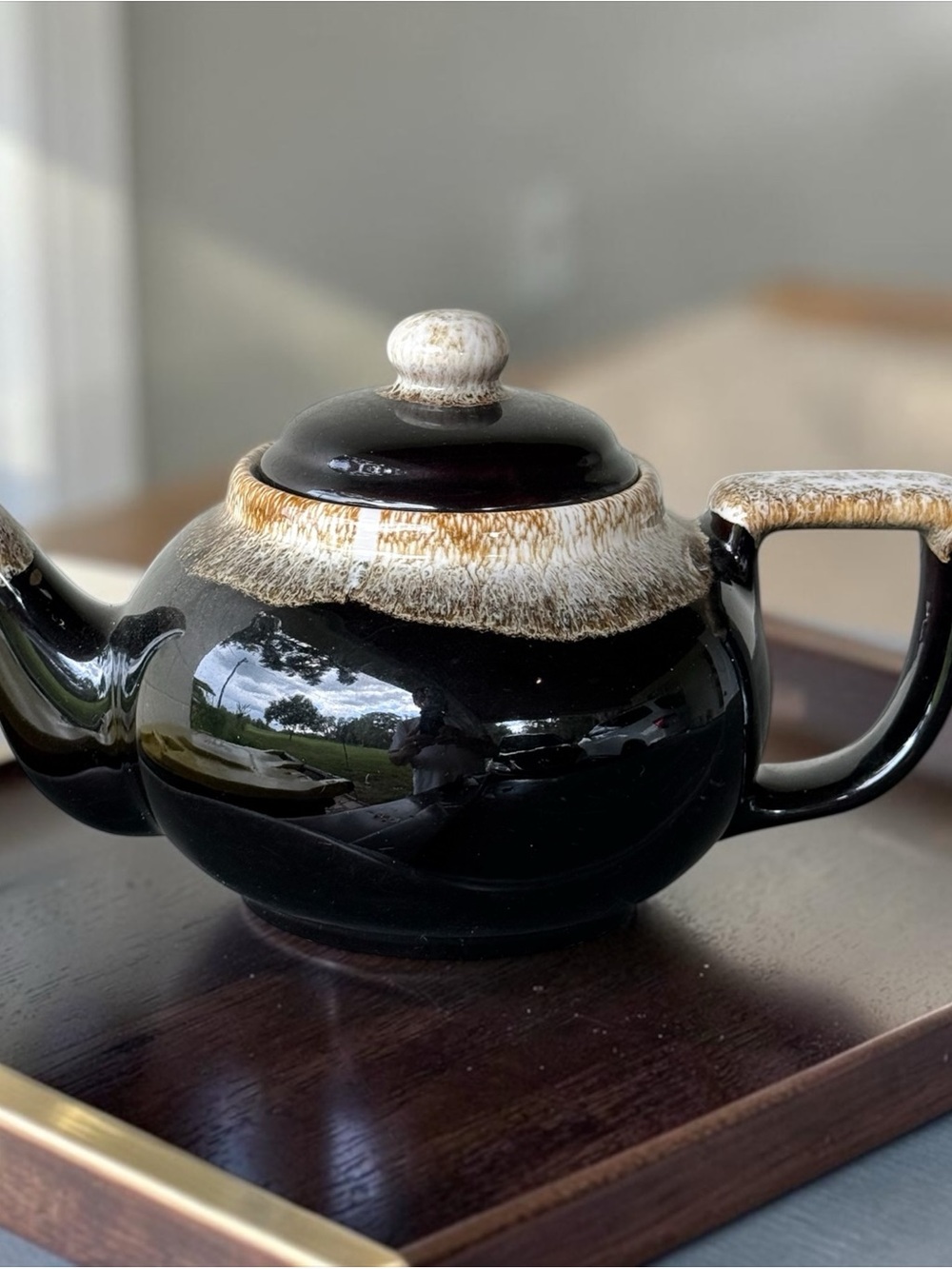 Vintage Brown Ceramic Teapot with Cream Handle and Lid - Picture 3 of 3